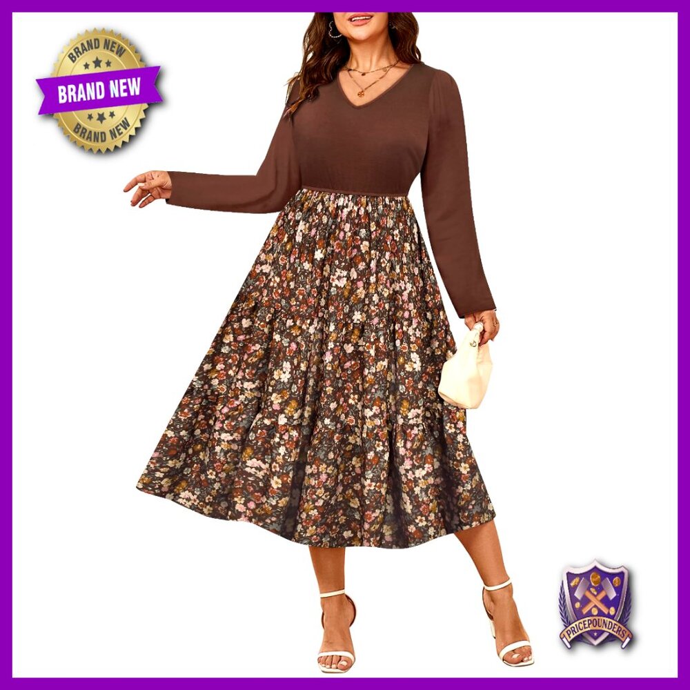 Plus Size V-Neck Long Sleeve Cocktail Dress with Pockets XL-5XL